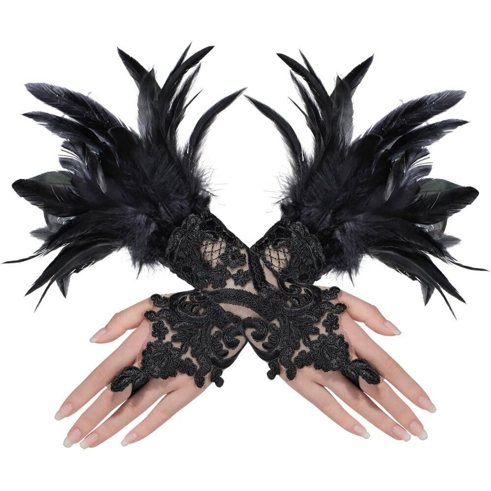 Feather Lace Fingerless Gloves for Women Gothic Halloween Cosplay